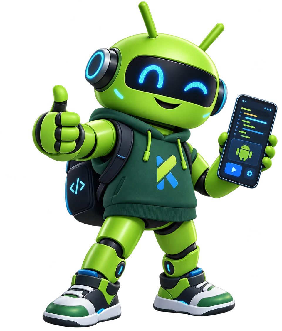 Mascota oficial de ANDROFAST sosteniendo un celular con código Android
